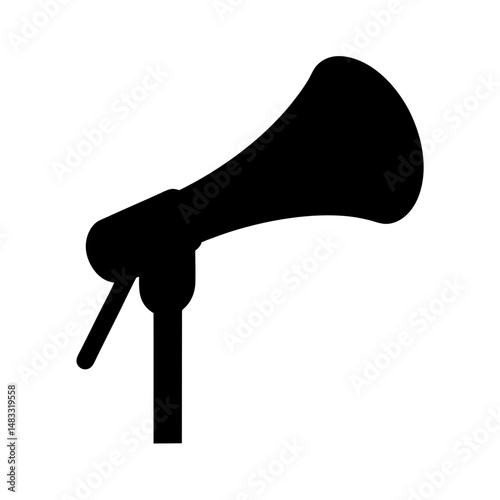 Black silhouette of a megaphone or bullhorn on a stand with white background