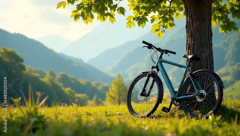 Naklejka premium Bicycle leaning against tree, scenic backdrop, outdoors, travel