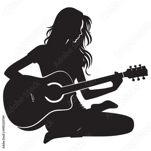 silhouette of a person playing guitar, simple black and white editable vector