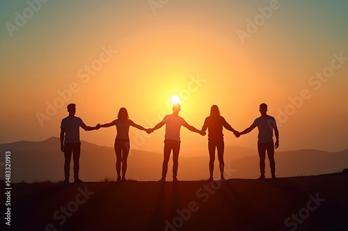 of different.view of black Silhouettes groups of people holding hands. Unity, community, the nature of teamwork, cooperation, the concept of helping each other in a multicultural society.generative ai