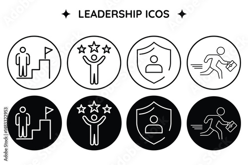 Leadership icon set with achievement growth motivation success protection career development and business vision in modern vector illustration.