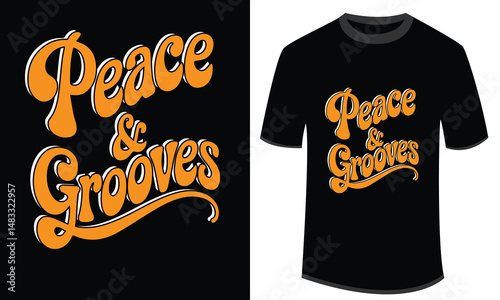 Orange peace and grooves retro t-shirt design with black background for print on demand