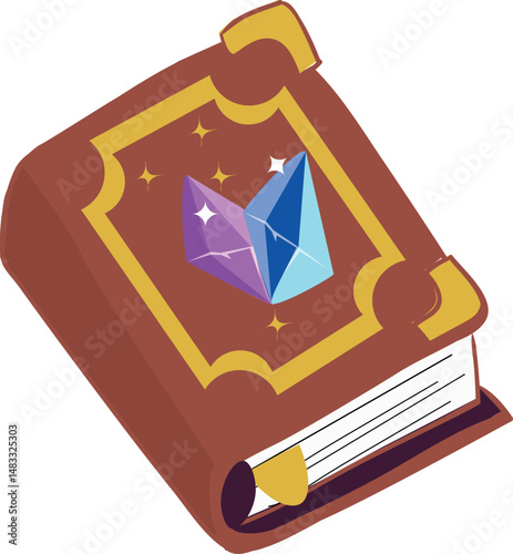 An ancient spellbook with a glowing crystal on the cover, indicating it's filled with enchanted knowledge or spells.