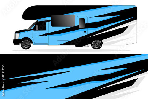 Blue and Black RV Design with Abstract Patterns