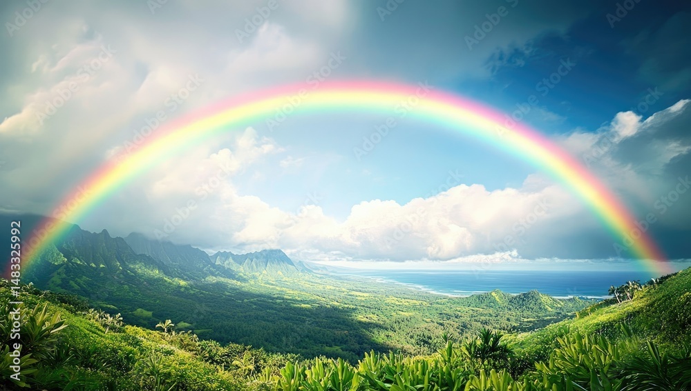 Obraz premium Majestic rainbow arches over a lush valley
