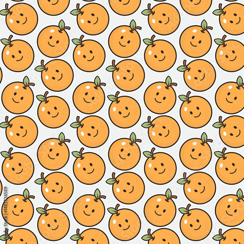 Seamless pattern of cute orange fruits with happy faces. Perfect for kids, textiles, packaging, and cheerful design projects