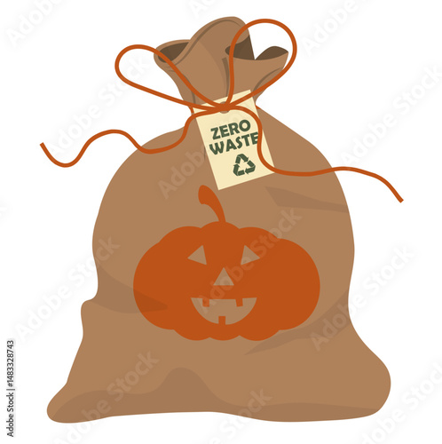 Zero Waste Halloween Treat Bag with Pumpkin Design. Eco-friendly burlap trick-or-treat bag featuring jack-o'-lantern graphic and zero waste tag with recycling symbol. Sustainable Halloween concept