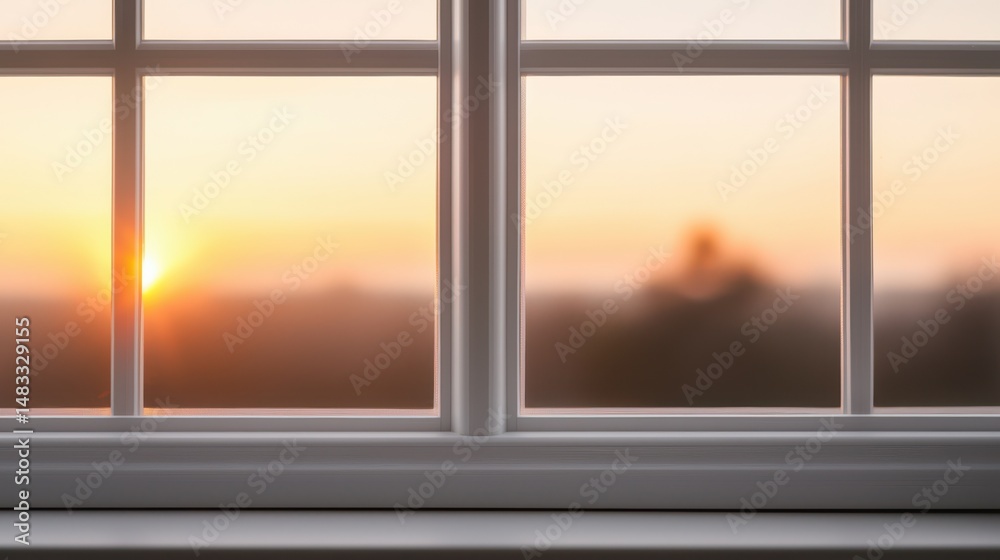 Fototapeta premium A bright sunrise viewed through a clean window, casting a warm glow on the horizon with soft, blurred scenery outside.