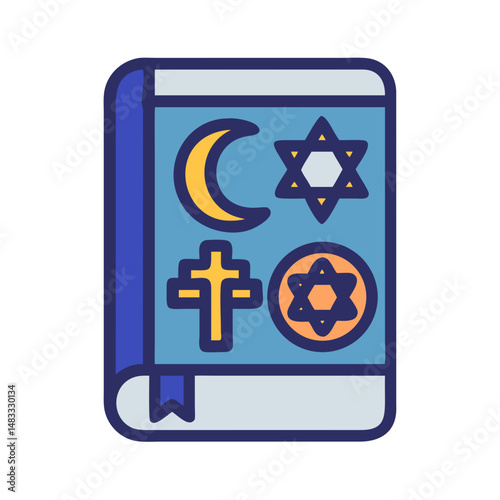 Book with Religious Symbols Icon Representing Holy Scriptures and Faith Traditions