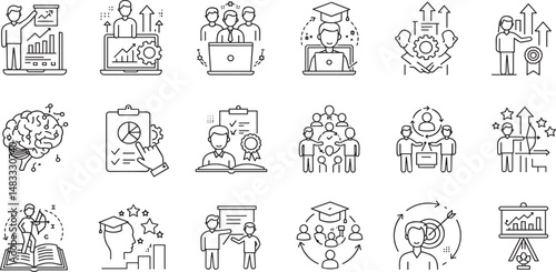 Refresher training line Editable Icons set. Vector illustration in modern thin line style of education related icons: courses, online lection, workshop, and more.