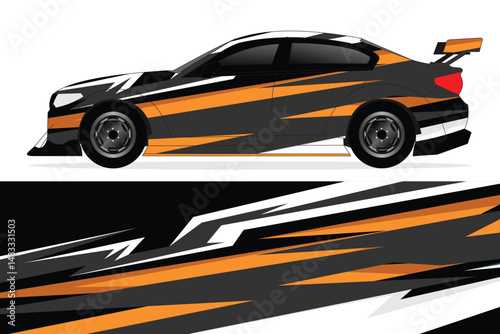 Racing car design with dynamic stripes on a white background