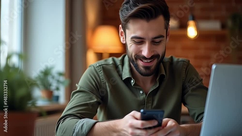 Happy man using smartphone at home workspace  
