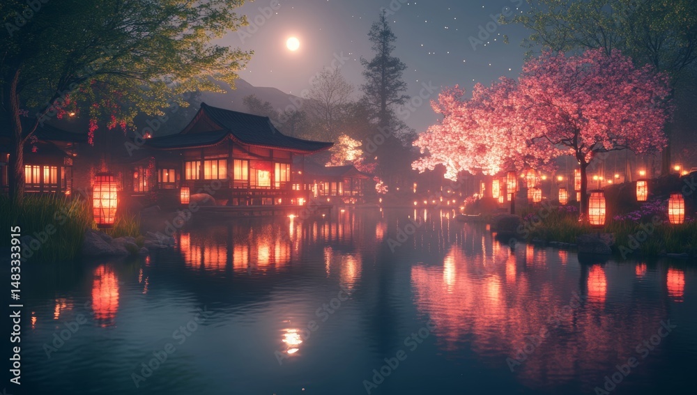 Fototapeta premium A peaceful nighttime Asian garden setting complete with cherry blossoms, lanterns, a pond, and a full moon