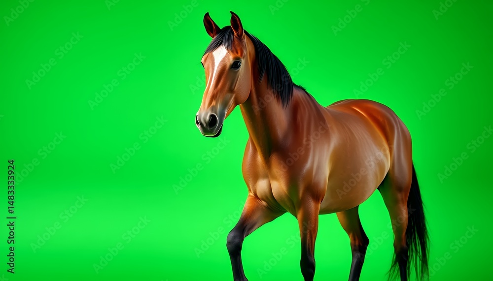Obraz premium Elegant Chestnut Horse Strides Gracefully Isolated on Green Screen Background With Sleek Brown Coat Under Bright Studio Lighting