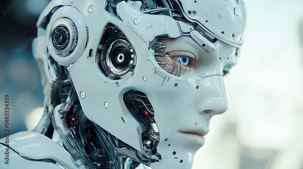 Fototapeta premium Cybernetic Woman: A Close-Up of Intricate Mechanical Design