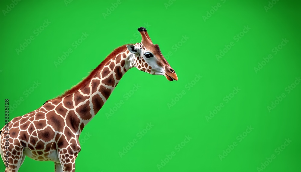 Fototapeta premium Giraffe Isolated on Green Screen Background with Long Neck and Brown Spotted Pattern Detailed Side Profile