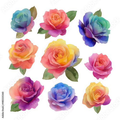 Stunning Rainbow Roses Watercolor Design , isolated on white background png