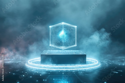 Digital cube on podium