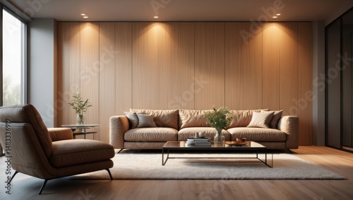 Modern Living Room Interior with Brown Leather Chair, Beige Sofa, and Wooden Wall Panels – 3D Illustration