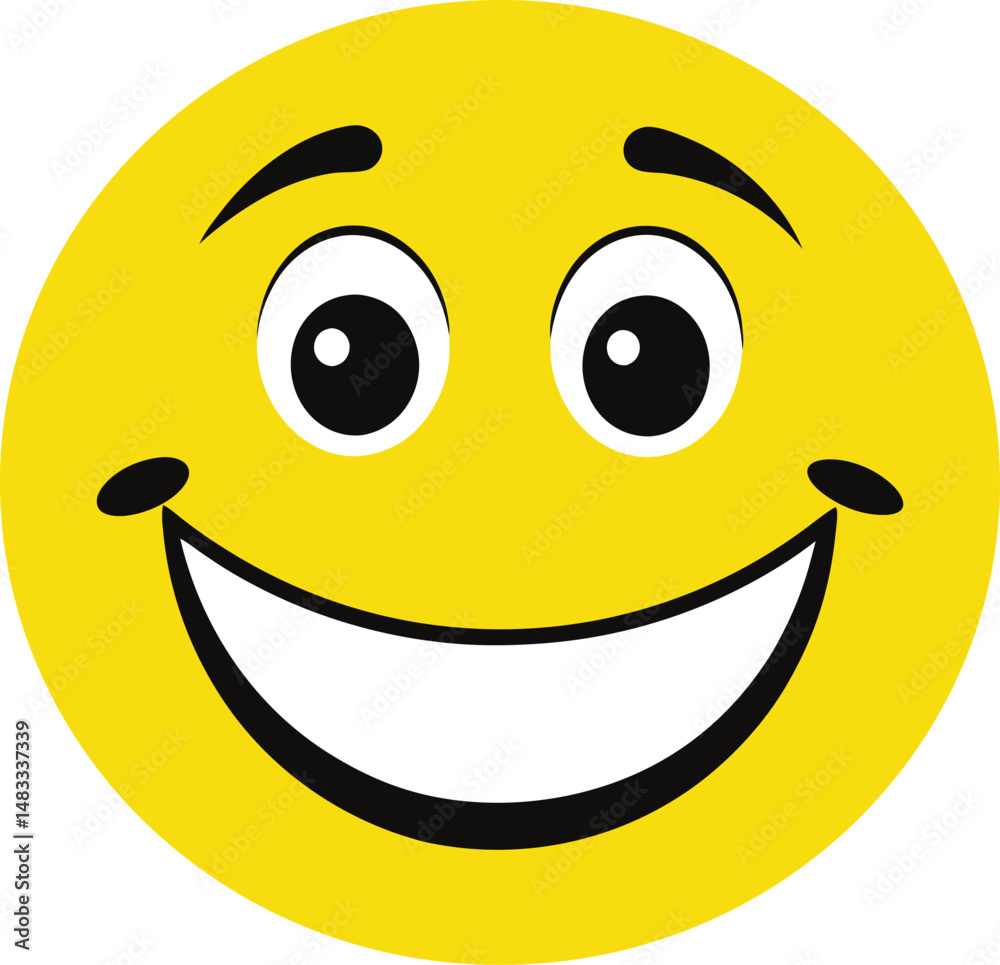 Fototapeta premium Classic yellow smiley face icon with black eyes and a curved smile, symbolizing happiness and positivity. Widely recognized and used in digital media, communication, and cheerful design themes