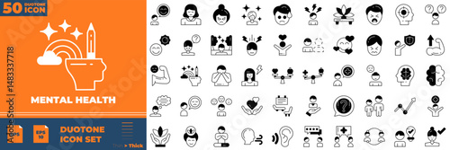 Mental Health Duotone Editable Icons set. Vector illustration in modern thin duotone style of mental health icons:  healthcare, cosmetics, spa, etc