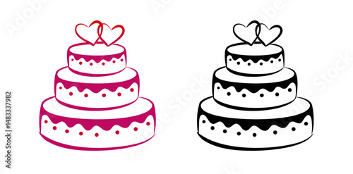 Wedding cake with heart toppers icon, colorful  and simple black outline designs 