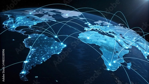 World map on a technological background, glowing lines symbols of the Internet, world map newtwork.