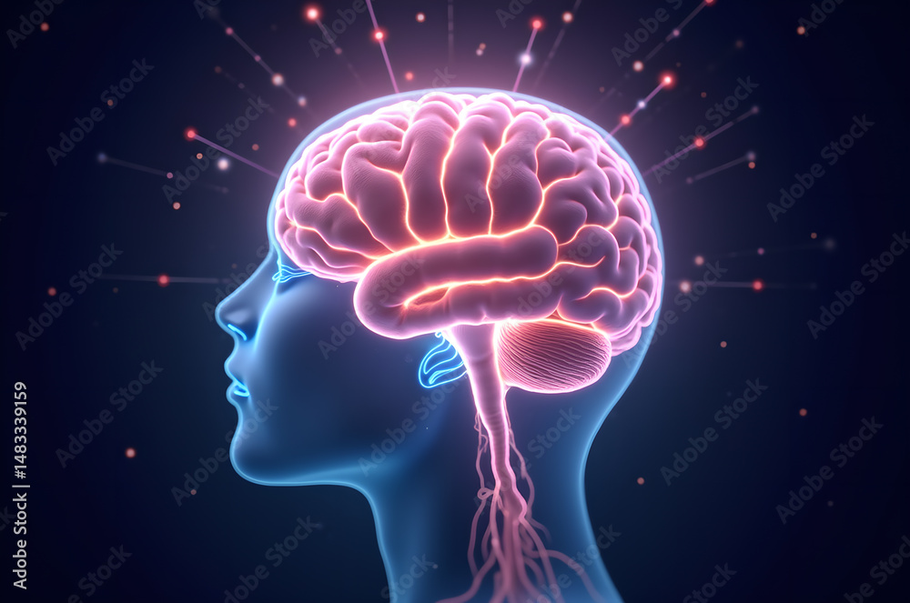 Obraz premium human brain colorful lights Neural Pathways Concept brain full of creativity, showing multiple colors and actions, created with to represent how the,generative ai