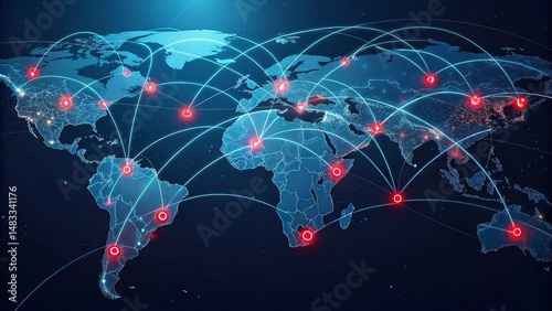 World map on a technological background, glowing lines symbols of the Internet, world map newtwork.