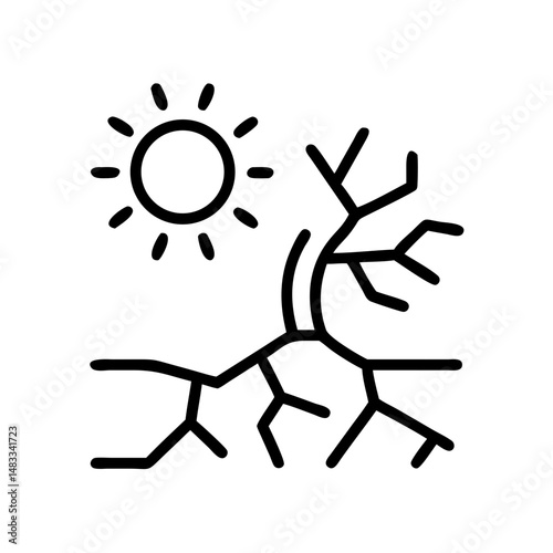 Drought symbol with sun and dry branches in minimalist design  