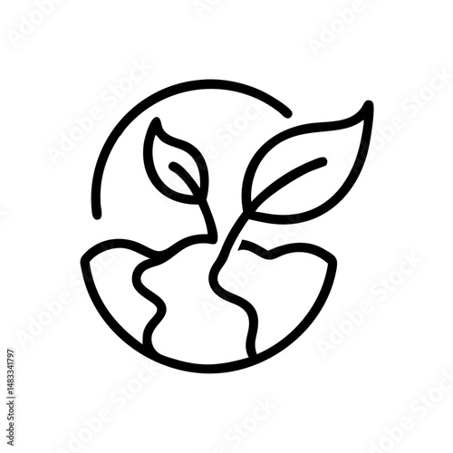 Line art of globe with leaves representing eco-friendly concept  
