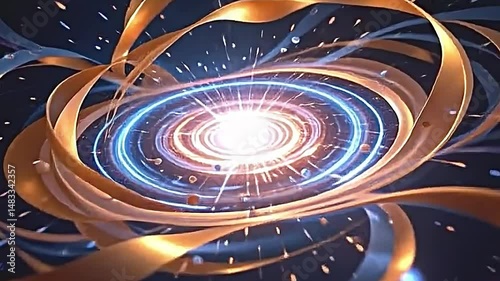 cosmic particles merging into golden and blue ribbons, swirling around a distant galaxy, rich in color and depth, surreal and dreamlike quality, invoking the mysteries of the universe high resolution