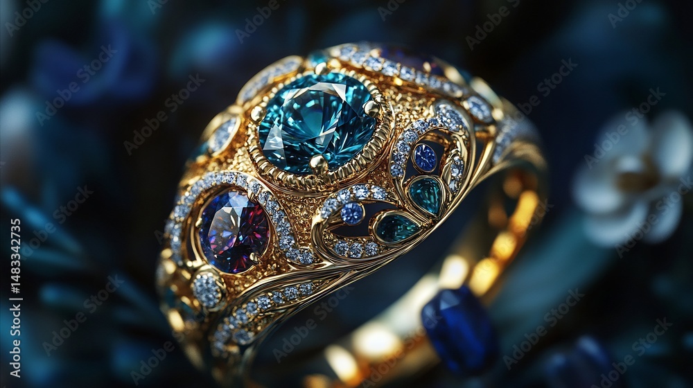 Fototapeta premium Ornate Gold Ring: Multicolored Gemstones, Luxurious Design