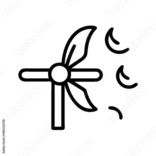 Wind turbine icon with blades and wind motion lines  
