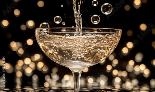 Effervescent bubbles overflowing champagne coupe glass