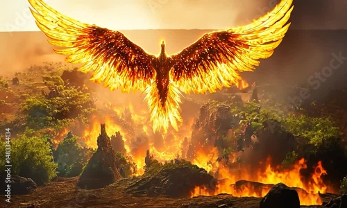 Majestic phoenix rising from fiery landscape, symbolizing rebirth amidst destruction