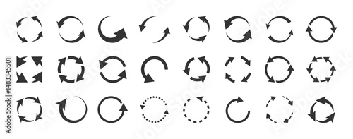 Rotating arrows black icons set. Update, replay, repeat, reload, reset symbol. Circle arrow sign. Vector design element for an interface, app, project, logo. Isolated on a white background.