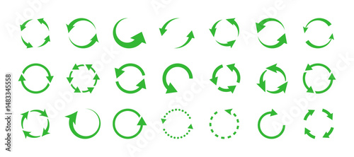 Rotating arrows green icon set. Update, replay, repeat, reload, reset symbol. Circle arrow sign. Vector design element for an interface, app, project, logo. Isolated on a white background.
