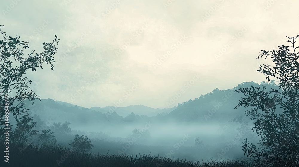 Naklejka premium Misty mountain landscape with tranquil silhouette trees.