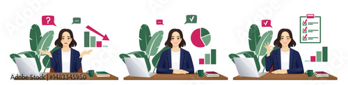 Beautiful business young woman using laptop computer sitting at desk in different poses. Isolated vector illustration set