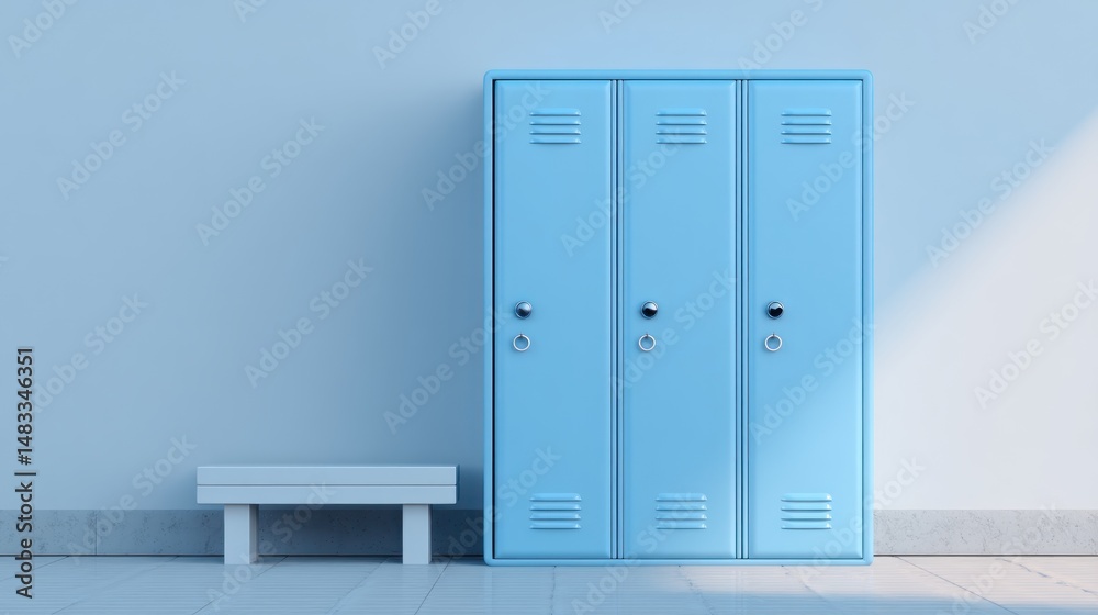 Fototapeta premium Light blue locker room with bench