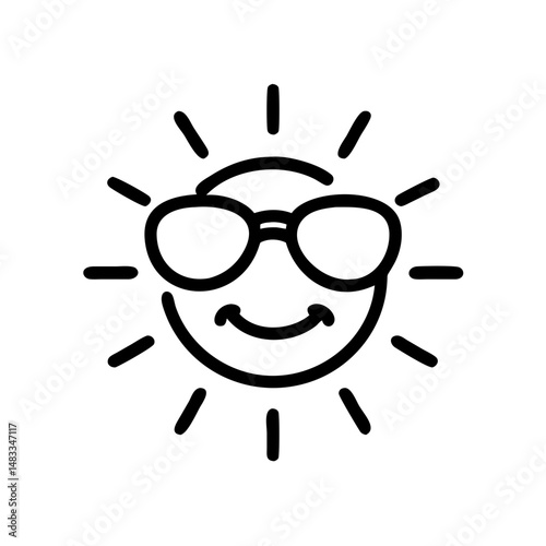 Smiling sun wearing sunglasses with rays emanating from the center  