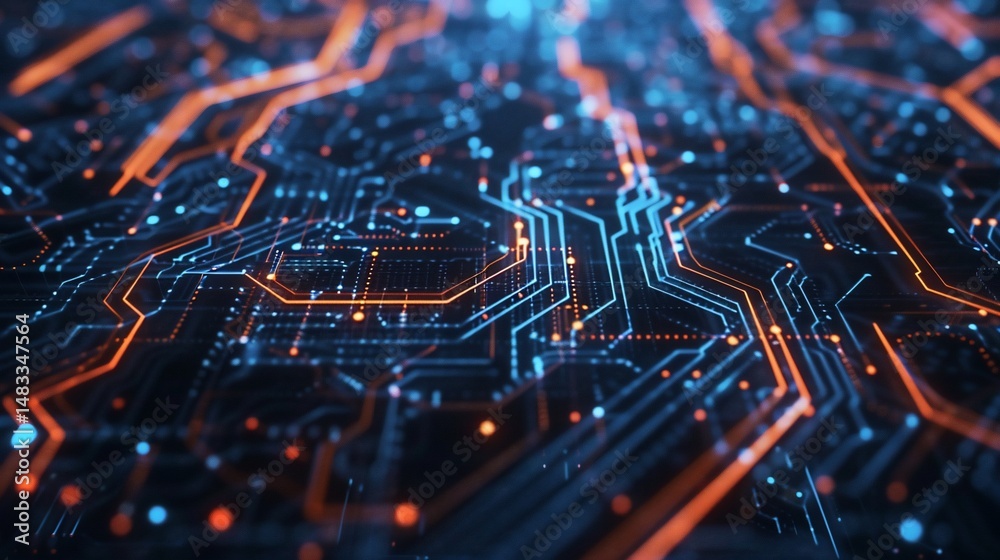 Abstract circuit board with glowing orange and blue lines Abstract circuit board with glowing orange and blue lines