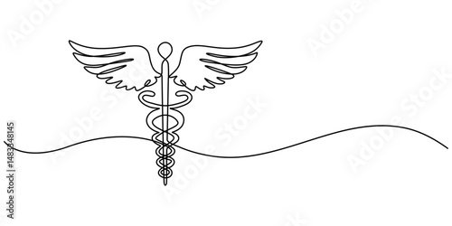 Medical symbol caduceus. Continuous One line drawing, One Continuous line drawing of Caduceus as a symbol of medicine. Thin curls and romantic symbols in simple linear style. Minimalistic Doodle pro.