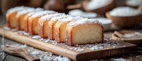 Coconut cakes on wood, rustic kitchen