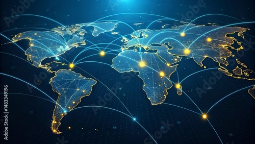World map on a technological background, glowing lines symbols of the Internet, world map newtwork.