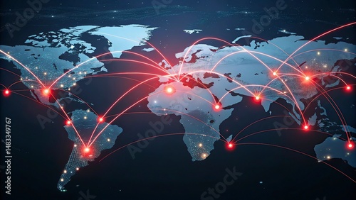 World map on a technological background, glowing lines symbols of the Internet, world map newtwork.