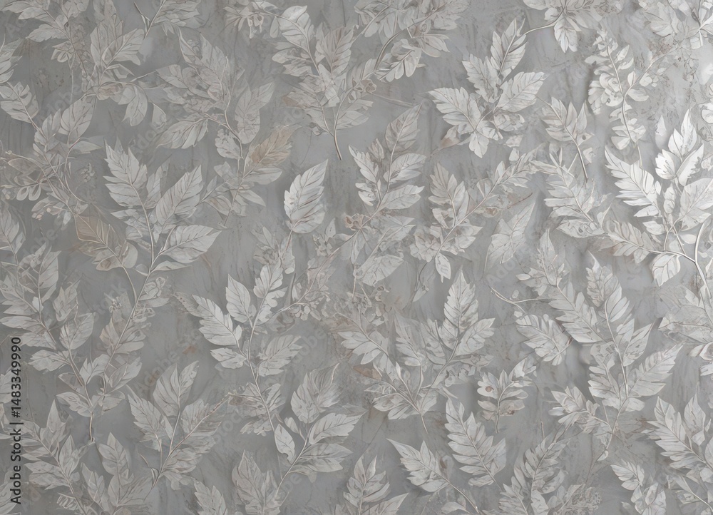 Fototapeta premium Subtle silver leaf wallpaper, repeating pattern for interiors, silver leaf, elegant