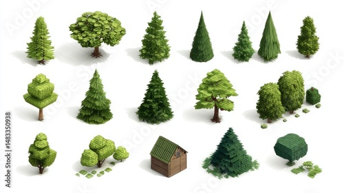 Isometric stylized tree and foliage assets