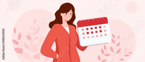 Smiling adult woman holding calendar marking period days, tracking menstrual cycle for fertility, health, and planning